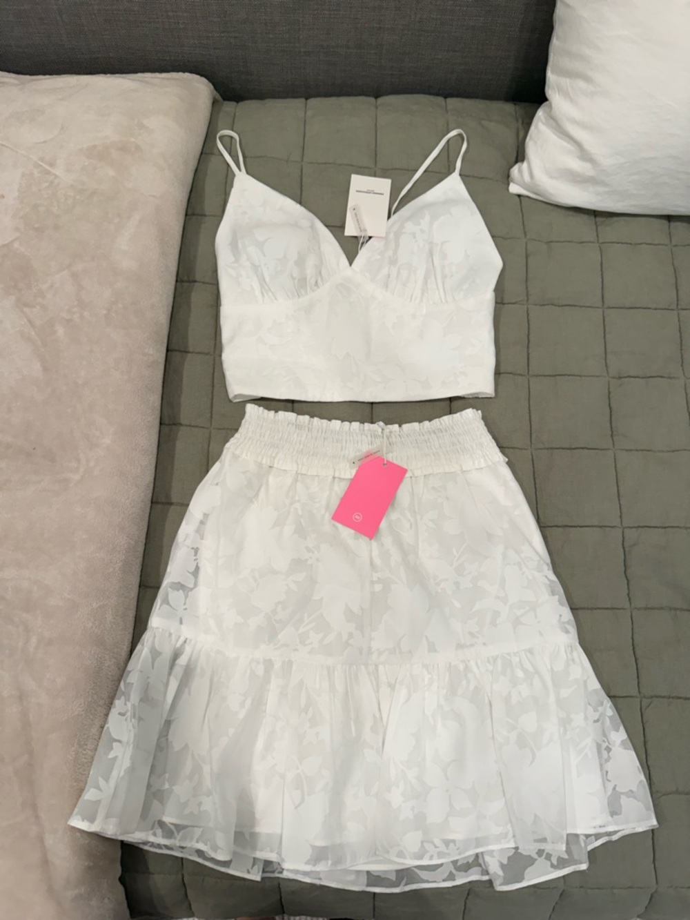 Amanda Uprichard White Floral Two-Piece Crop Top & Skirt Set